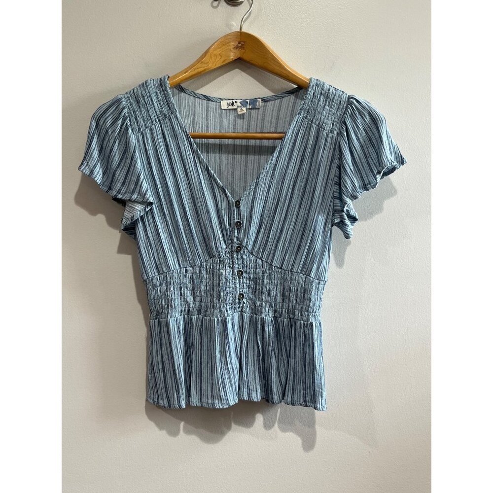 Jolt V-Neck Smocked Blouse Womens S Blue Rayon Ruffle